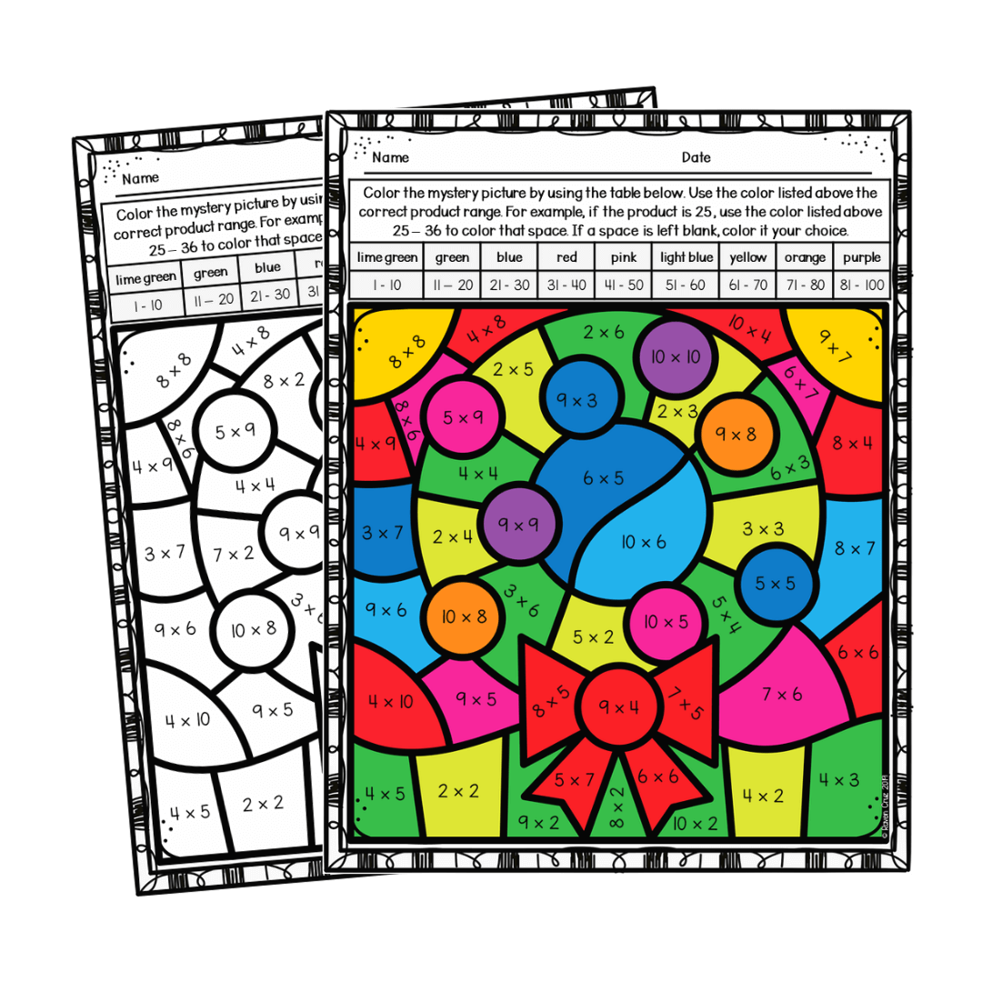 christmas multiplication colornumber worksheets - raven cruz